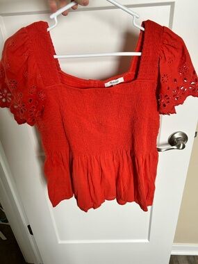Madewell Red Smocked Peplum Top - Short Sleeve